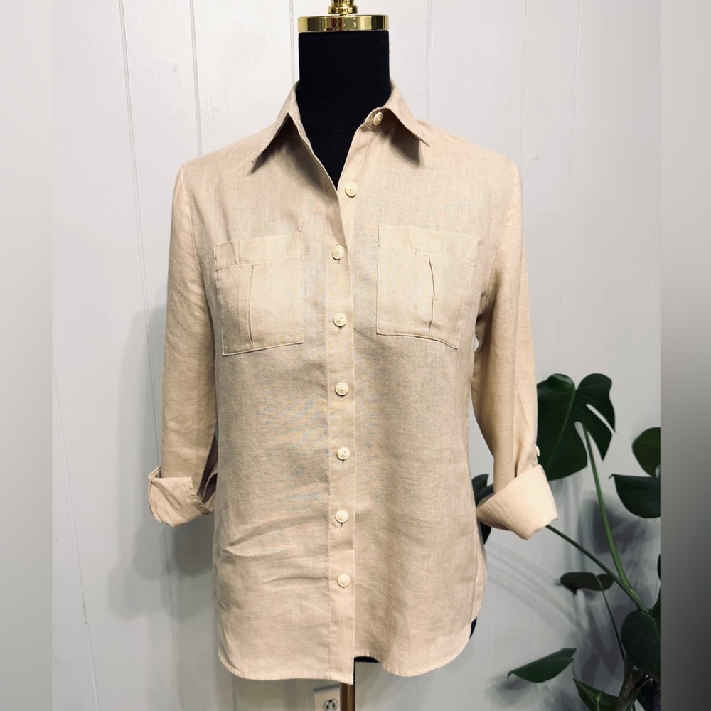 #14)  Linen Neutral Beige Button-Front Linen Blouse
